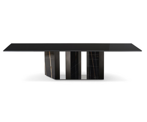 Designed by Oscar e Gabriele Buratti Table with 15mm black painted glass top in the bright or satin version. 40mm beveled edges on two sides of the top. Wooden base covered with 20mm natural polished Sahara Noir marble and “supermirror” bright stainless steel bottom plate.Actual product may vary from images shown on website. Please contact info@rifugiomodern.com  for finish samples. 