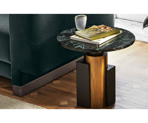 Designed by Silvia Gallotti  Coffee table with natural polished Verde Alpi, Calacatta Vagli Oro or Nero Marquinia marble top. Hand burnished brass structure with black open pore stained ash parts.  Inches (Ø x H) 19½" × 17¾" 19½" × 19¾"  Actual product may vary from images shown on website. Please contact info@rifugiomodern.com  for finish samples.