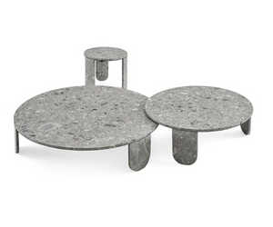 Designed by Massimo Castagna  Coffee table in brushed Ceppo di Gré® with "dark" hand burnished metal details. Also available in natural polished Calacatta Vagli Oro marble, natural polished Bianco Carrara Gioia marble or Fior di Pesco brushed marble.  Inches (Ø x H) 19½" × 15¾" 35½" × 12½" 47¼" x 11¼"  Actual product may vary from images shown on website. Please contact info@rifugiomodern.com  for finish samples.