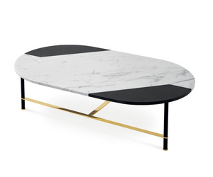 Designed by Pietro Russo Coffee table with natural polished Bianco Statuario and Nero Marquinia marble inlaid top. Also available with inlaid wooden top with “Tweed” pattern or in Maple Frisé dark grey. Black hand brushed anodised aluminium and bright brass structure.