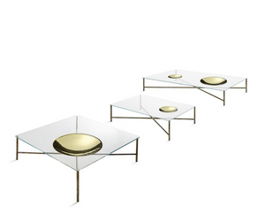 Designed by Massimo Castagna Coffee table with 12mm extralight tempered glass top or painted glass as per samples in the bright or satin version. Also available with 12mm smoked "Grigio Italia" glass top. Bright brass plate. Structure in hand burnished brass.  Actual product may vary from images shown on website. Please contact info@rifugiomodern.com  for finish samples.