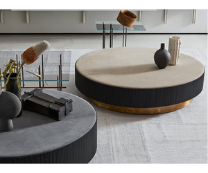 Designed by Studio G & R Coffee table in black stained solid wood, covered by hand-knurled border part. Suede top available as per sample. Actual product may vary from images shown on website. Please contact info@rifugiomodern.com  for finish samples.
