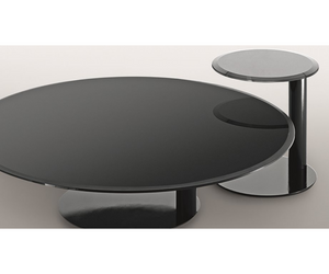 Designed by Oscar e Gabriele Buratti Coffee table with beveled (25mm) and painted glass top in the colours black, blue grey and liquorice in the bright or satin version. Bright lacquered metal structure. Also available with patinated bronze painted glass top and metal structure. Actual product may vary from images shown on website. Please contact info@rifugiomodern.com  for finish samples.