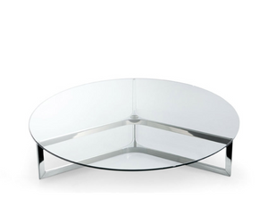 Designed by Ricardo Bello Dias Coffee table with 12mm tempered transparent or extralight glass top. Bright stainless steel base (40x20x2mm). Chromed aluminium central part. Also available with 12mm tempered smoked “Grigio Italia” glass top and burnished lacquered metal structure. Actual product may vary from images shown on website. Please contact info@rifugiomodern.com  for finish samples.