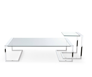 Designed by Pierangelo Galotti Coffee table with 10mm transparent, extralight or smoked “Grigio Italia” tempered glass top. Chromed metal structure. Bright or satin brass metal parts, on request. Actual product may vary from images shown on website. Please contact info@rifugiomodern.com  for finish samples.