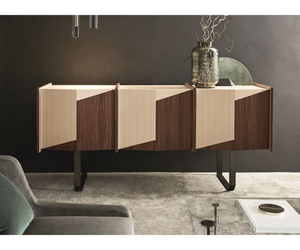Designed by Pietro Russo Sideboard in Taba Frisé white wood and Tanganika black wood with satin brass lacquered metal structure. Also available in ash and rosewood with black bronzed metal structure or Maple Frisé dark grey or in inlaid wood with “Tweed” pattern  Actual product may vary from images shown on website. Please contact info@rifugiomodern.com for finish samples