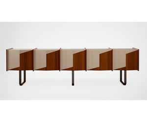 Designed by Pietro Russo Sideboard in Taba Frisé white wood and Tanganika black wood with satin brass lacquered metal structure. Also available in ash and rosewood with black bronzed metal structure or Maple Frisé dark grey or in inlaid wood with “Tweed” pattern  Actual product may vary from images shown on website. Please contact info@rifugiomodern.com for finish samples