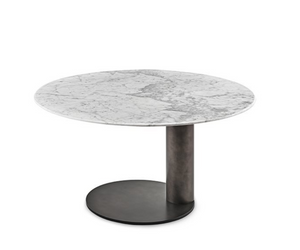 Designed by Oscar e Gabriele Buratti Table with 20mm natural polished Bianco Carrara Gioia marble and antique bronze lacquered metal structure. Available version with 20mm honed mat Nero Marquinia marble and lead lacquered metal structure. Inches (Ø x H) 51¼” x 28¾” 55¼” x 28¾” 59¼” x 28¾” Actual product may vary from images shown on website. Please contact info@rifugiomodern.com for finish samples.