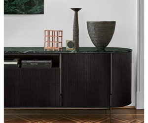Designed by Carlo Colombo Sideboard with doors, drawers and open module. Structure in black stained open pore wood. Front and sides cladded with hand knurled border. Modules with doors supplied with inside wooden shelf.  Actual product may vary from images shown on website. Please contact info@rifugiomodern.com for finish samples
