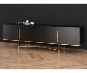 Designed by Carlo Colombo Sideboard in black open pore stained ash with satin brass lacquered metal parts. 6mm tempered glass top and 6mm inside back both bright liquorice paint.  Actual product may vary from images shown on website. Please contact info@rifugiomodern.com for finish samples.