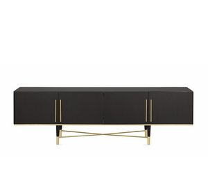 Designed by Carlo Colombo Sideboard in black open pore stained ash with satin brass lacquered metal parts. 6mm tempered glass top and 6mm inside back both bright liquorice paint.  Actual product may vary from images shown on website. Please contact info@rifugiomodern.com for finish samples.