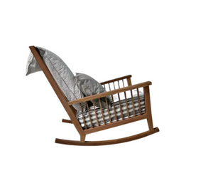 Designed by Paola Navone for Gervasoni  Rocking chair in wood, INOUT 709 is characterised by a high backrest with visible slats: it is made of oiled Iroko, particularly durable wood because it is naturally resistant to water and moisture.  Actual product may vary from images shown on website. Please contact info@rifugiomodern.com for finish and fabric samples.