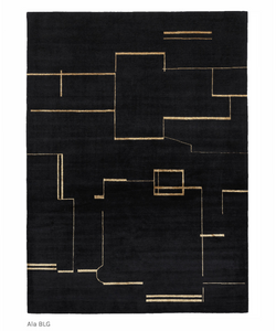 Kristiina Lassus Design  Finnish for “area”, the power of Ala’s luxurious silk-and-wool-blend design derives from the sleek sophistication of its Art Deco mood. The rug’s elegant, energetic lines resembling the plan view of a house are highlighted by the contrast of Ala’s striking black and gold colouring.  Actual product may vary from images shown on website. Please contact info@rifugiomodern.com for finish samples.