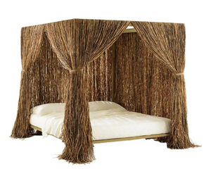 Designed by Fernando e Humberto Campana for Edra  An evocative, sensual and mysterious bed. A comfortable bed inspired by the primitive huts. Bed with metallic tubular structure, painted and covered by synthetic raffia veils. Leather straps with magnetic clips control the draping.  Actual product may vary from images shown on website. Please contact info@rifugiomodern.com for fabric and finish samples.