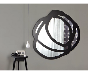 Designed by Paola Navone for Gervasoni  Family of wall mirrors available in two sizes, Sweet 97/98 are characterised by rounded and irregular borders. These are mirrors with great expressive and decorative power thanks to the black or white silk-screened pattern that draws on the surface circles and irregular shapes that intersect each other, in a mix of overlapping lines.  Actual product may vary from images shown on website. Please contact info@rifugiomodern.com for finish and fabric samples.
