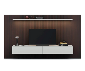 Spazio Tv Wall Unit Composition. Two lateral Plain Wall Panels and two central Channeled Wall Panels in Wood Essence Finish, wall-mounted Modules with Flap Doors, Top and wall-mounted Shelf with LED Lighting in matt lacquered Finish.